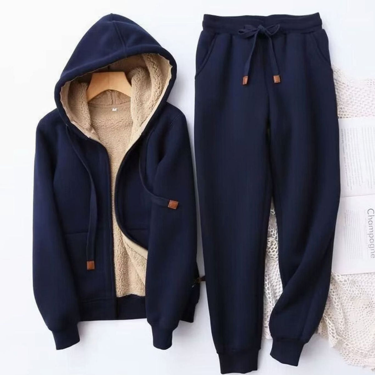 Women's Fleece-Lined Winter Hoodie Jogger Set Sherpa Interior - Blue