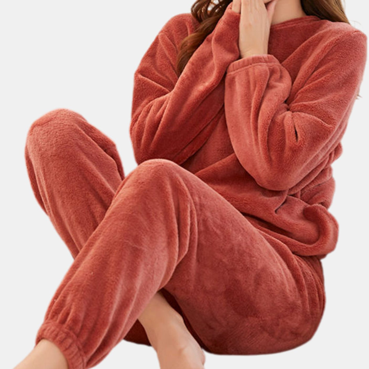 Women's Fleece Two-Piece Loungewear Set Relaxed-Fit Sweatshirt Jogger - Red