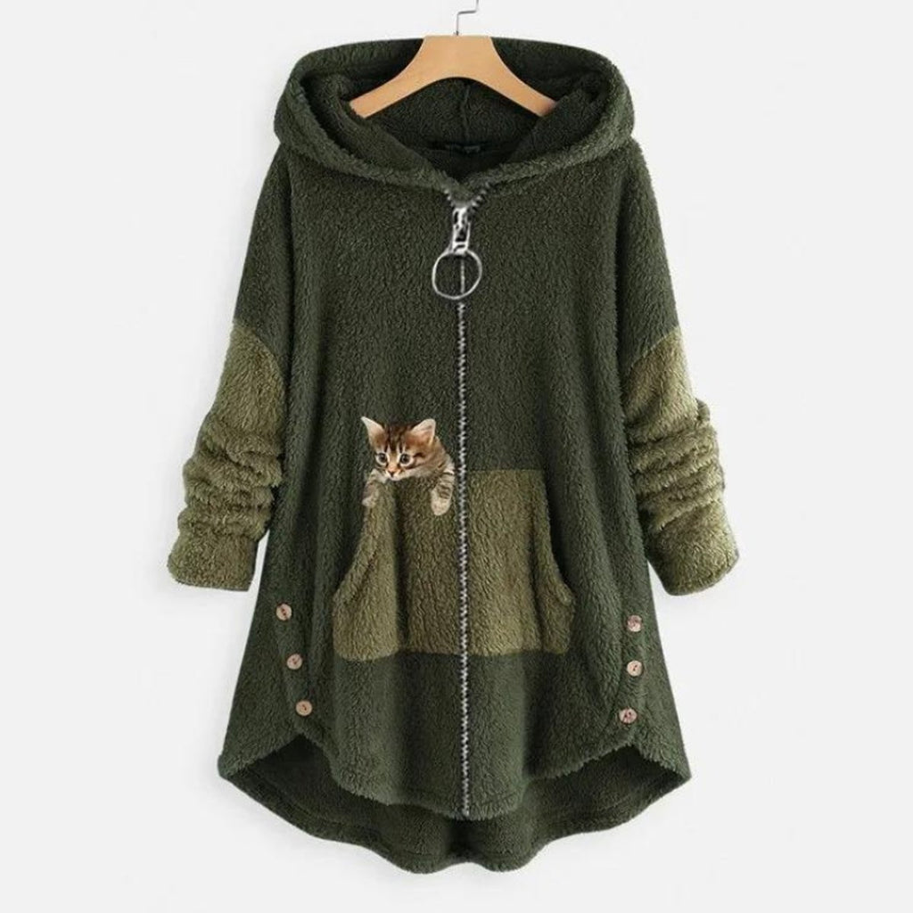 Women's Fleece Zip-Up Hooded Sweater Plush Cat Pocket Coat - Green