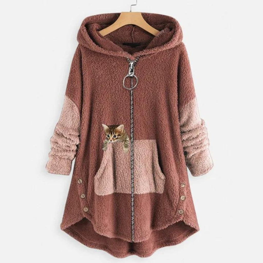 Women's Fleece Zip-Up Hooded Sweater Plush Cat Pocket Coat - Pink