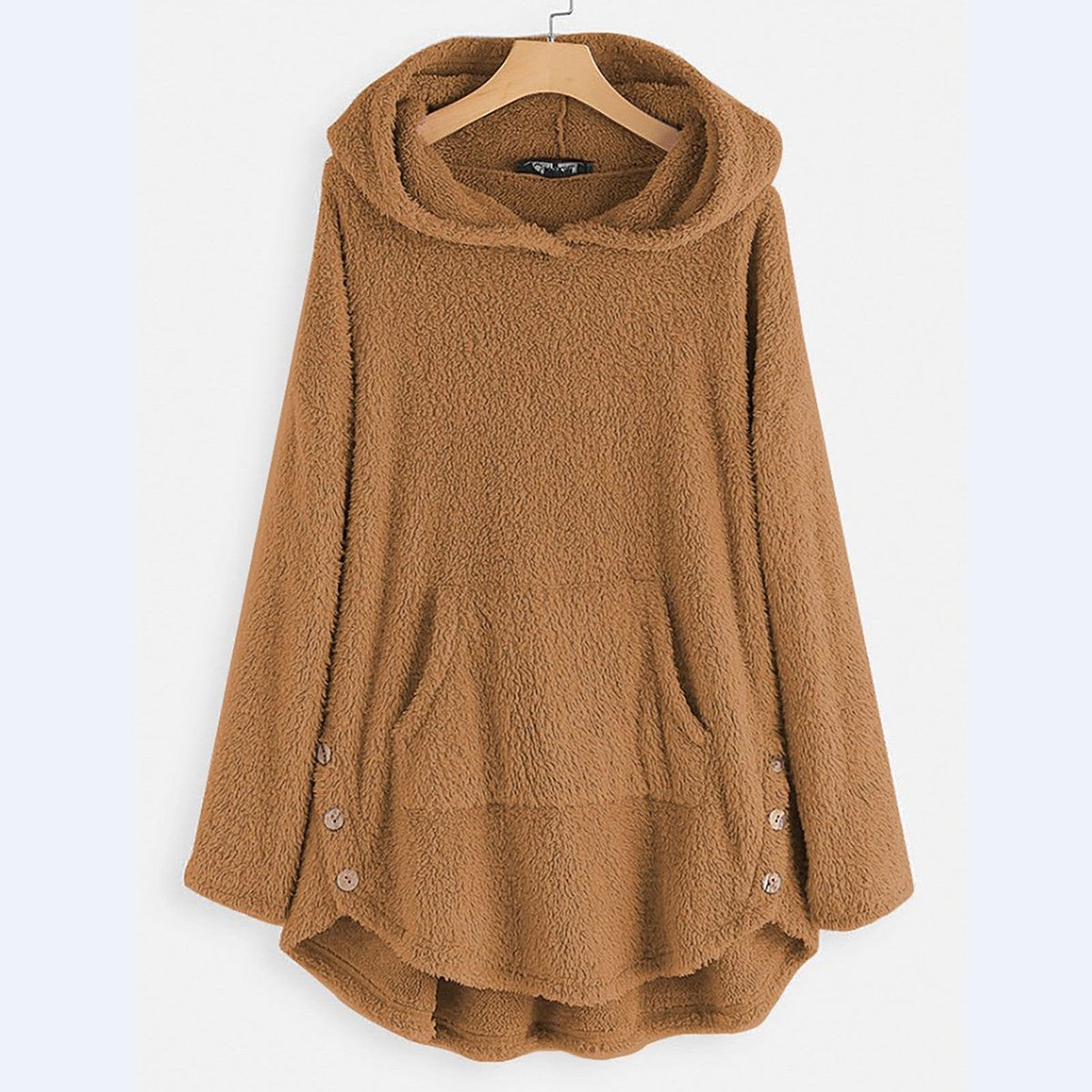 Women's Fleece Zip-Up Hooded Sweater Plush Cat Pocket Coat - Beige