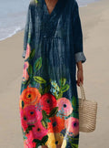 Women's Floral Art Print Long-Sleeve Oversized Dress - Multicolor