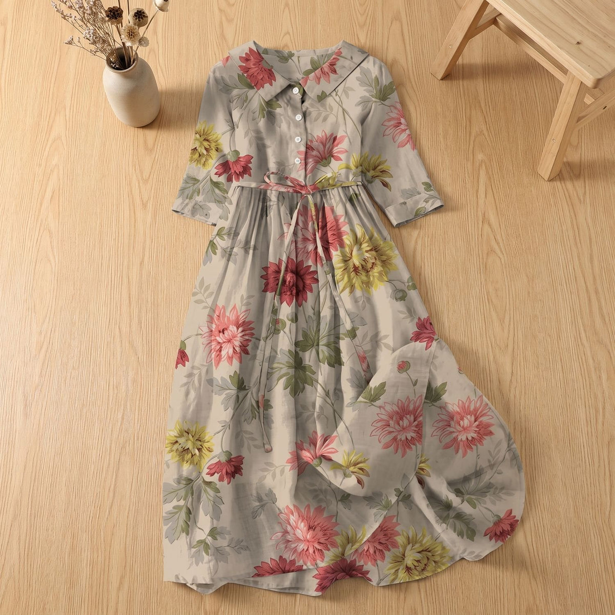 Women's Floral Belted Button-Front Midi Dress - Multicolored