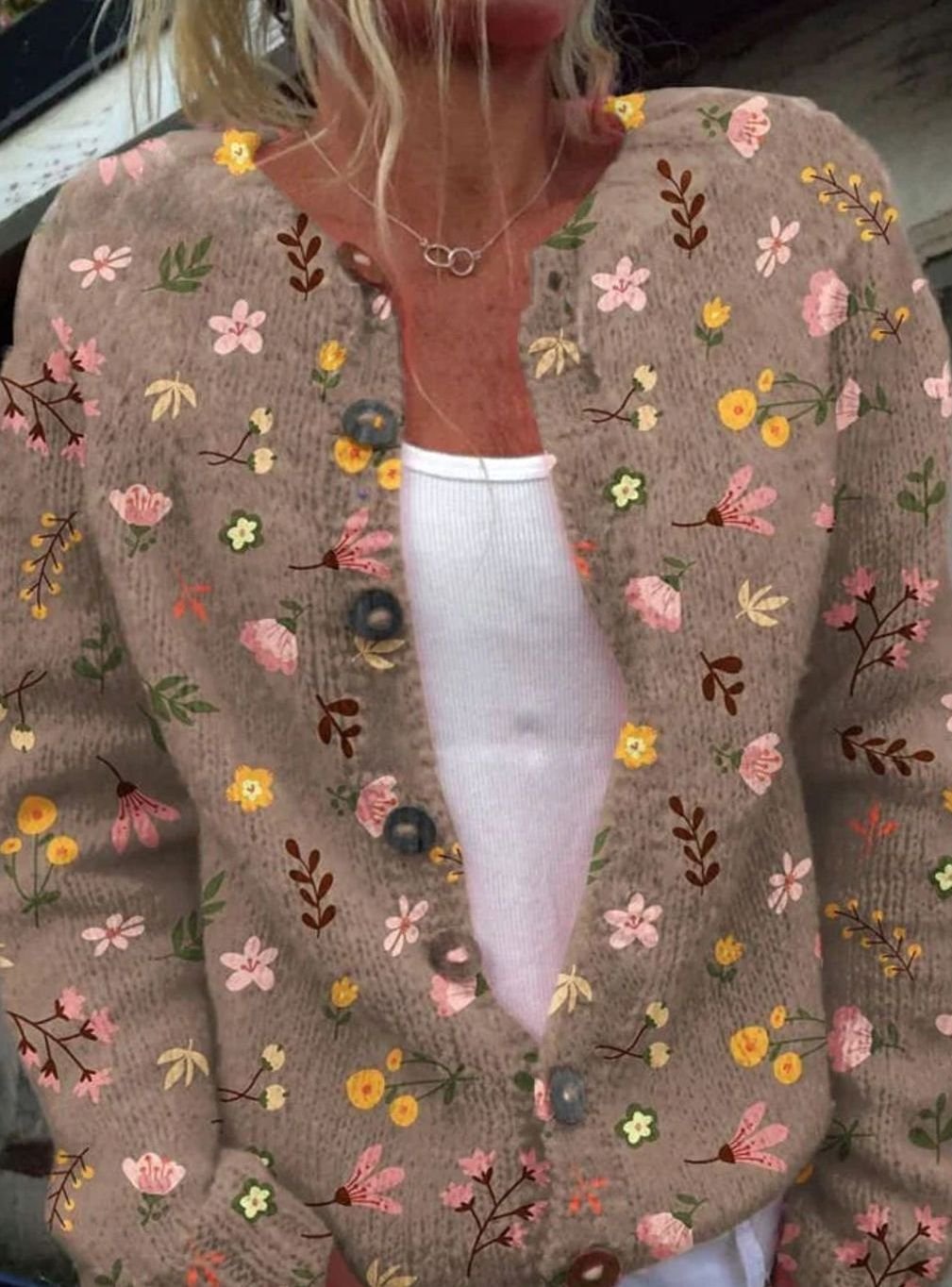 Women's Floral Button-Front Long Sleeve Cardigan - Brown