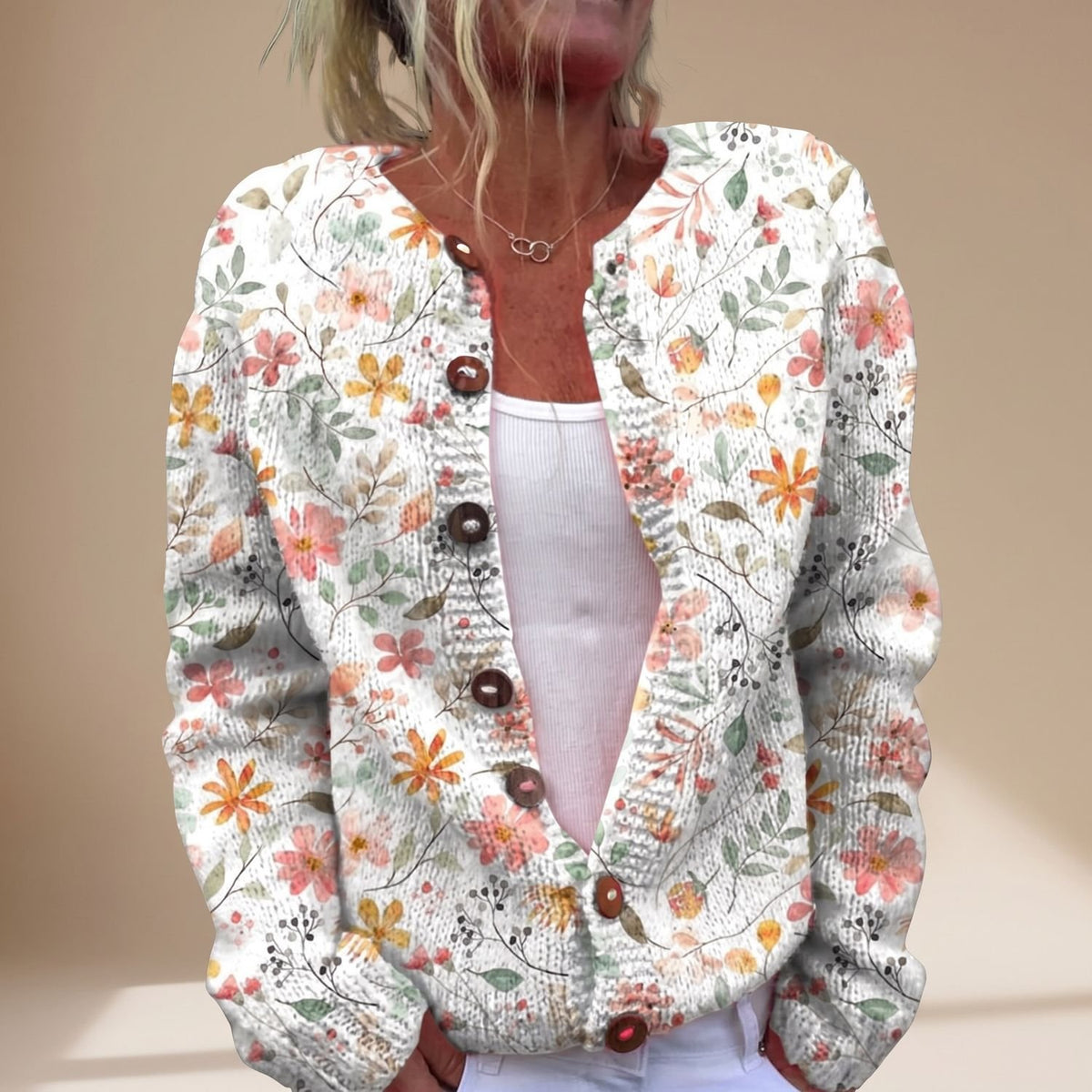 Women's Floral Button-Front Long-Sleeve Knit Cardigan