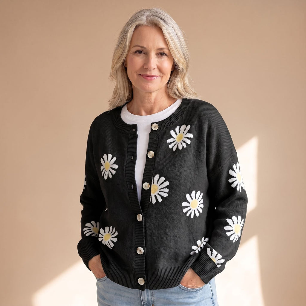 Women's Floral Button-Up Knit Cardigan Daisy Print - Black