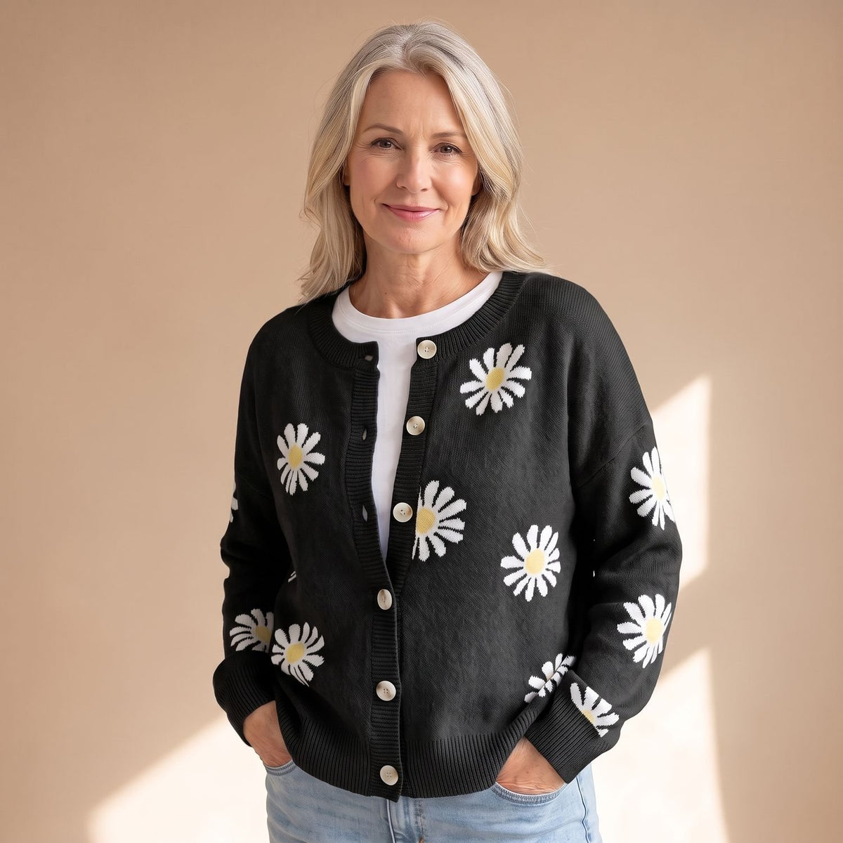 Women's Floral Button-Up Knit Cardigan Daisy Print - Black