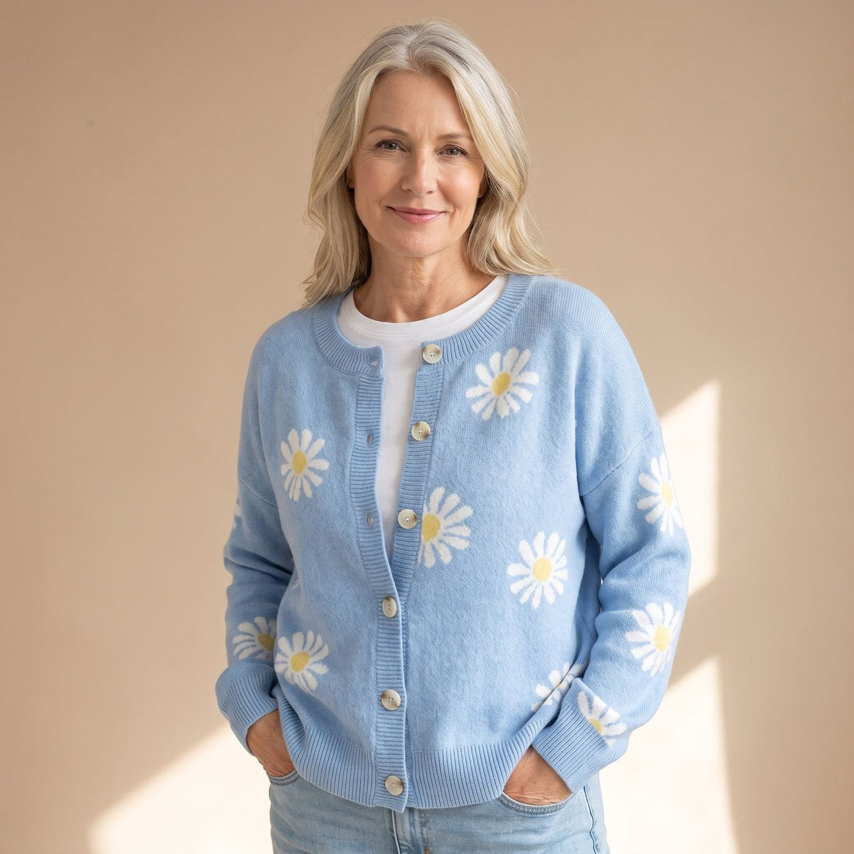 Women's Floral Button-Up Knit Cardigan Daisy Print - Blue