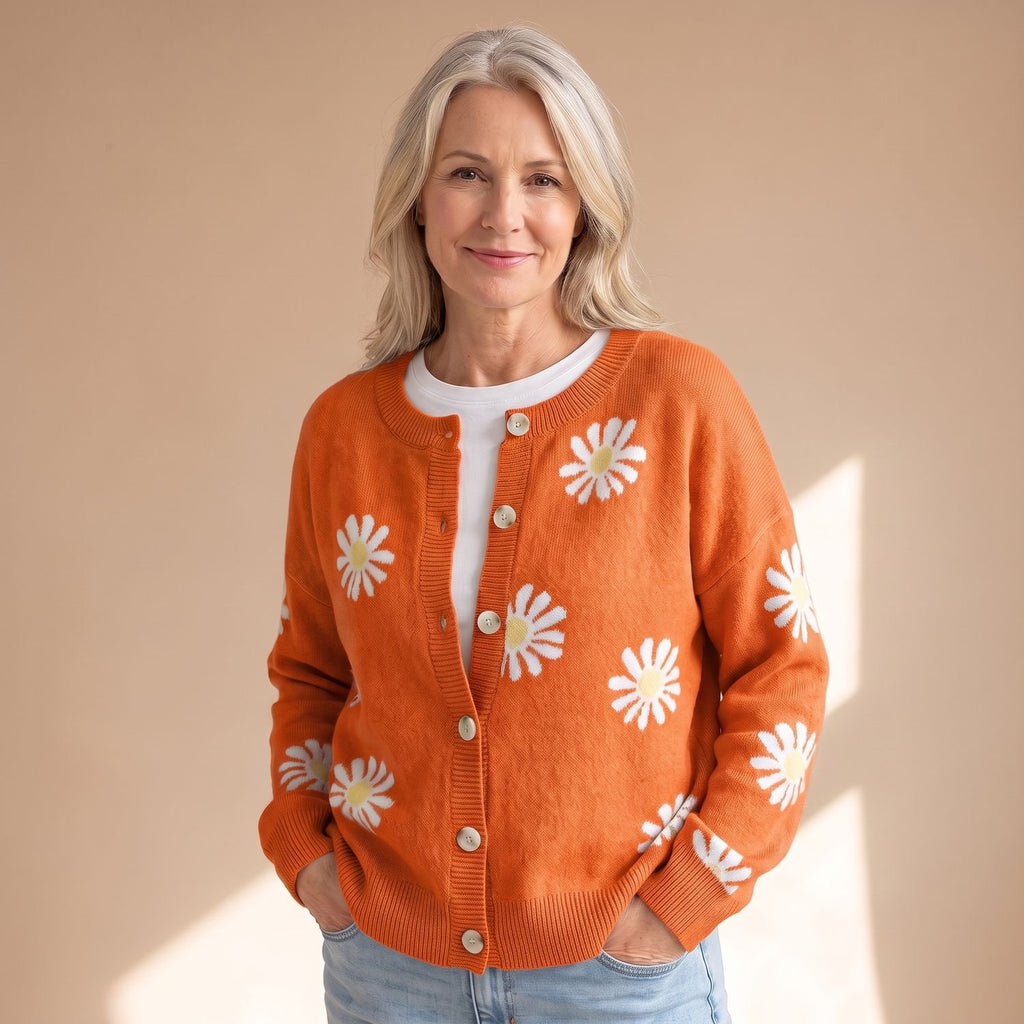 Women's Floral Button-Up Knit Cardigan Daisy Print - Orange
