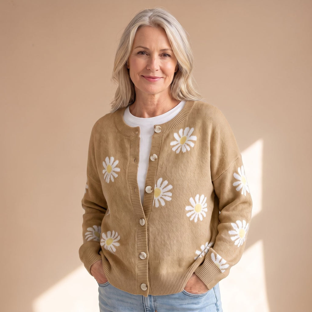 Women's Floral Button-Up Knit Cardigan Daisy Print