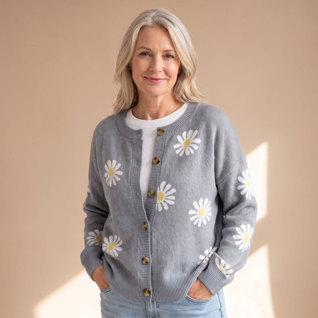 Women's Floral Button-Up Knit Cardigan Daisy Print