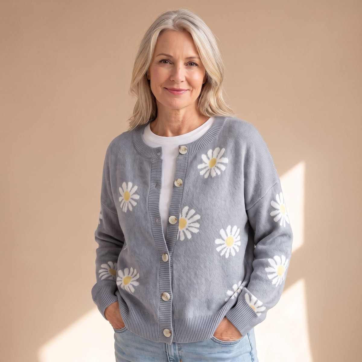 Women's Floral Button-Up Knit Cardigan Daisy Print - Gray