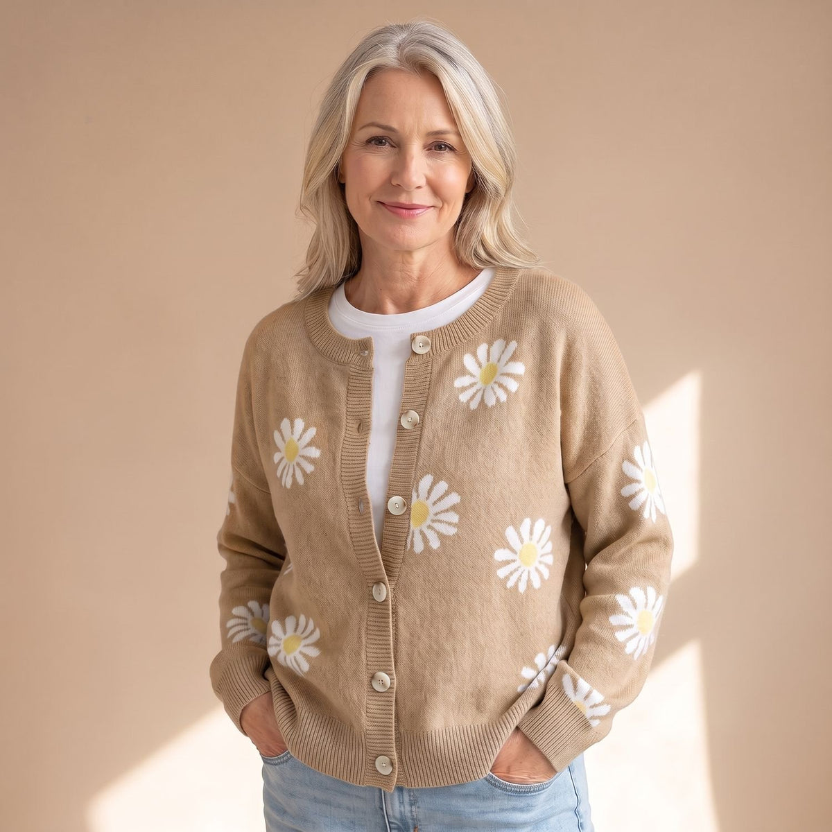 Women's Floral Button-Up Knit Cardigan Daisy Print