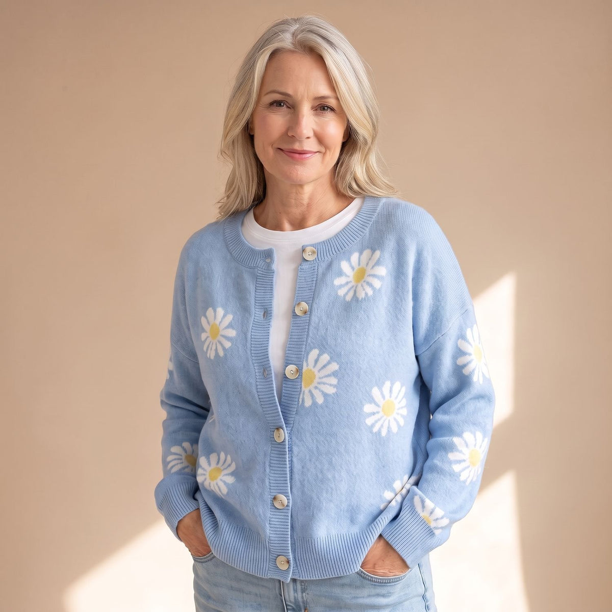 Women's Floral Button-Up Knit Cardigan Daisy Print