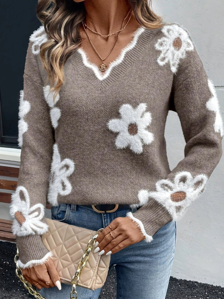 Women's Floral Daisy V-Neck Fuzzy Knit Sweater - Khaki