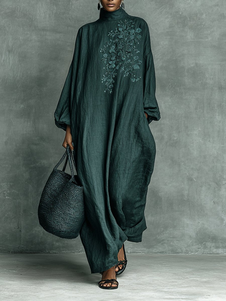Women's Floral Embroidered Mock Neck Linen Maxi Long Sleeve Dress