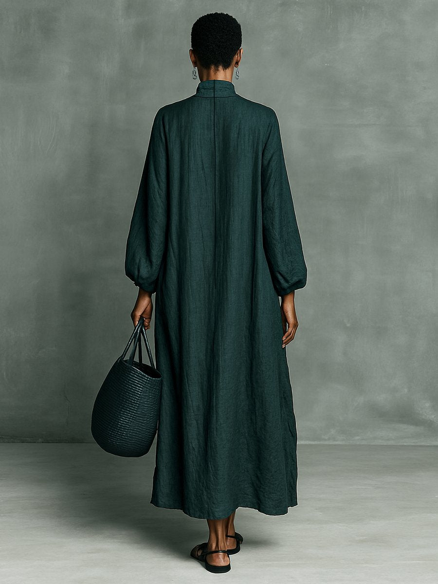 Women's Floral Embroidered Mock Neck Linen Maxi Long Sleeve Dress