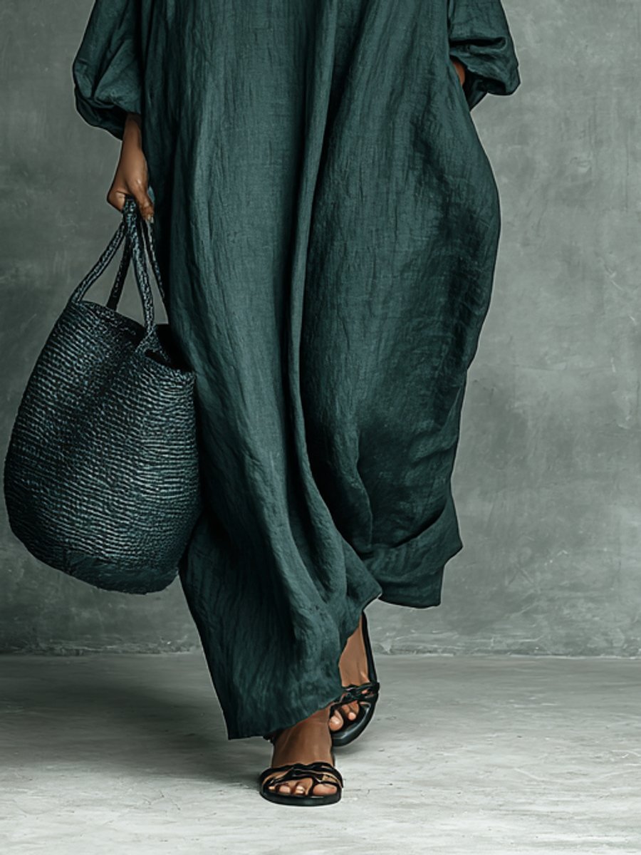 Women's Floral Embroidered Mock Neck Linen Maxi Long Sleeve Dress