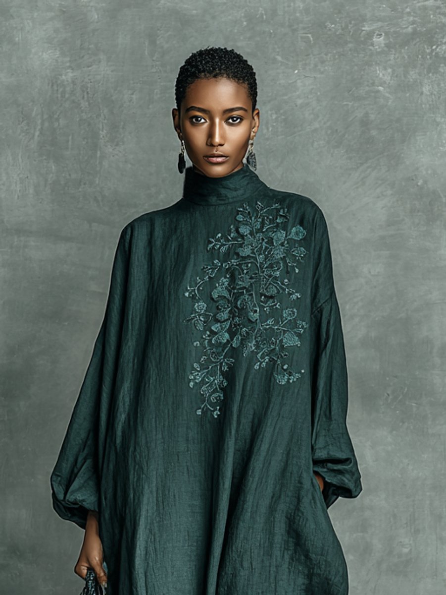 Women's Floral Embroidered Mock Neck Linen Maxi Long Sleeve Dress