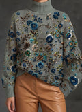 Women's Floral Embroidered Turtleneck Oversized Knit Sweater