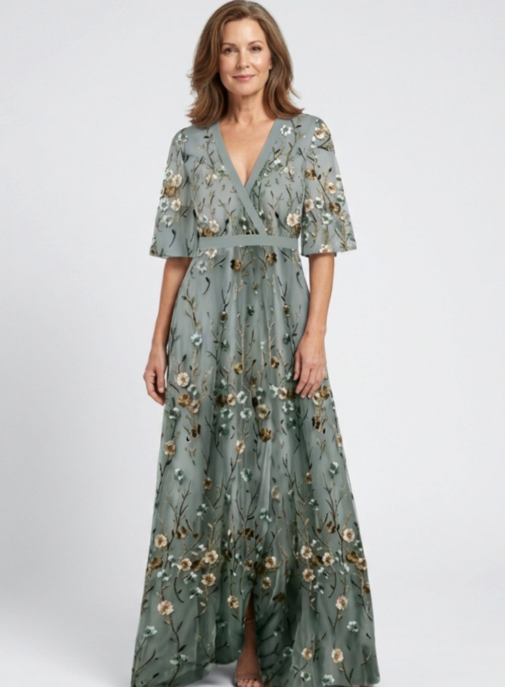 Women's Floral Embroidered V-Neck Elbow-Sleeve Maxi Dress - Green