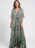 Women's Floral Embroidered V-Neck Elbow-Sleeve Maxi Dress - Green