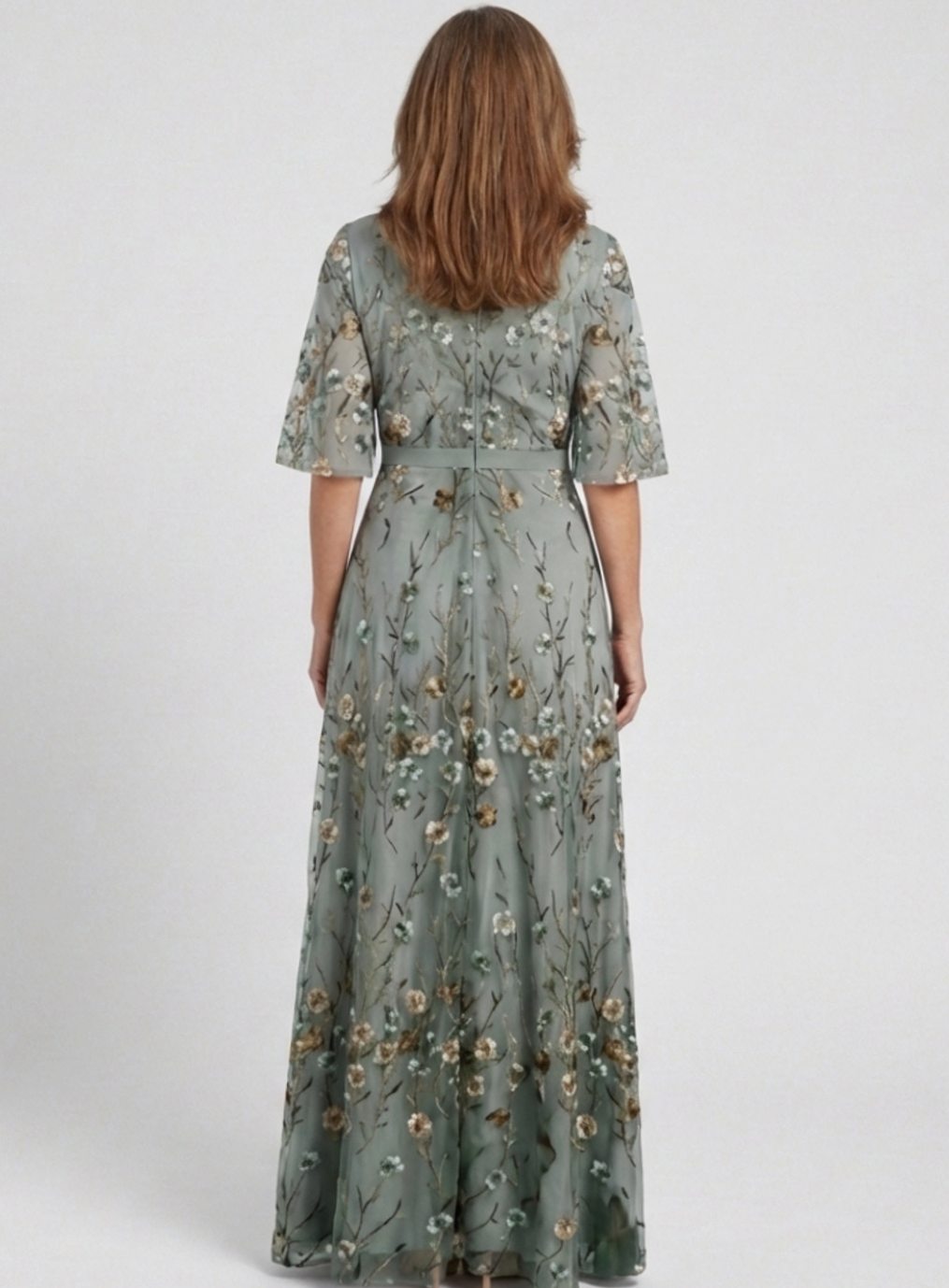 Women's Floral Embroidered V-Neck Elbow-Sleeve Maxi Dress