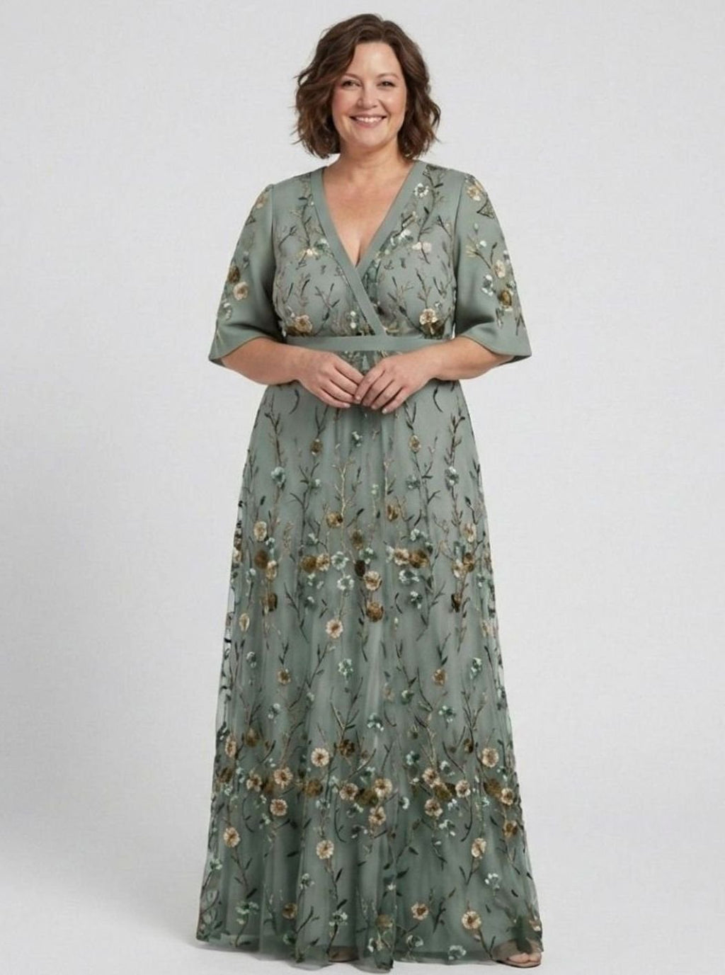 Women's Floral Embroidered V-Neck Elbow-Sleeve Maxi Dress
