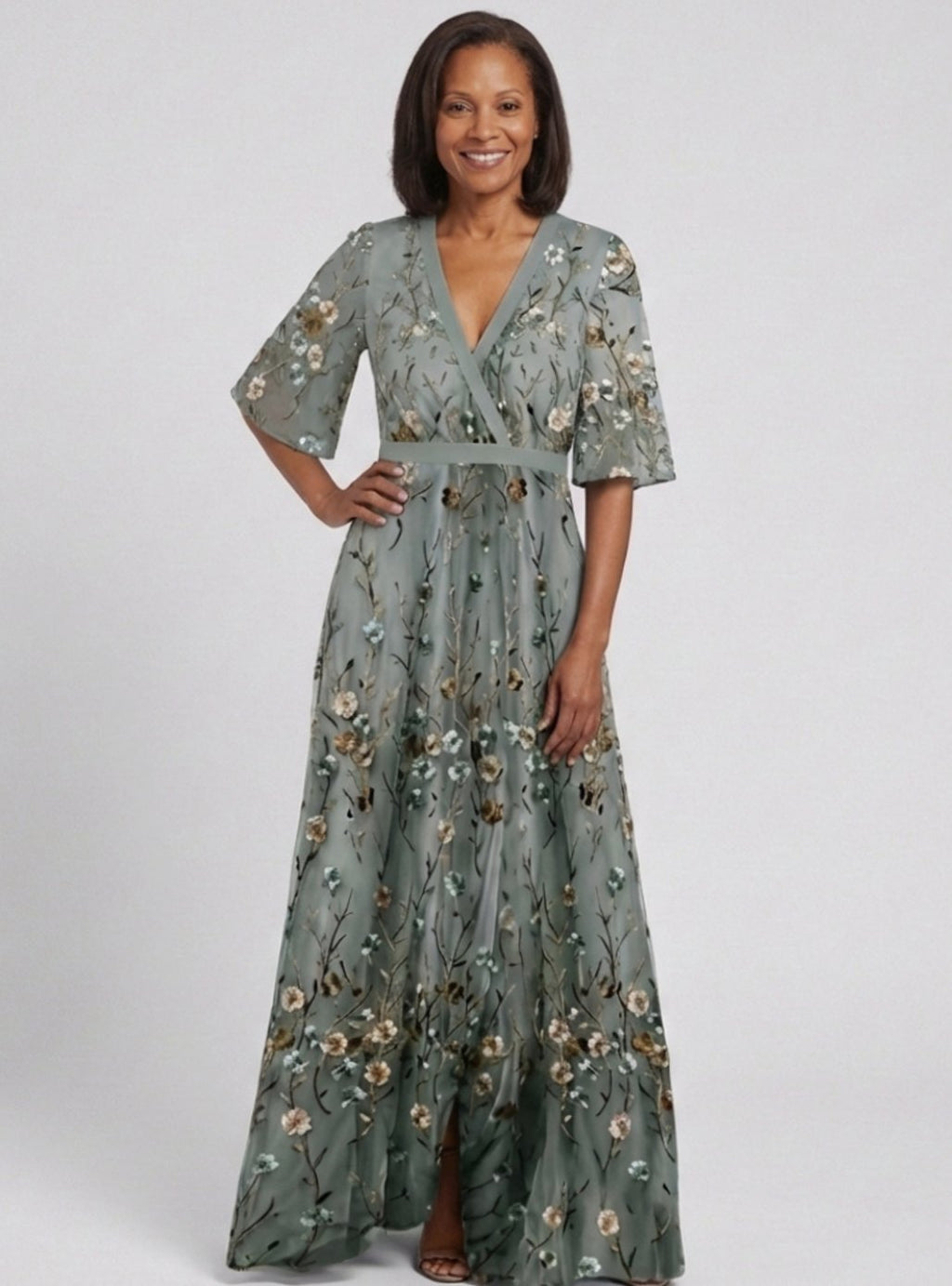 Women's Floral Embroidered V-Neck Elbow-Sleeve Maxi Dress
