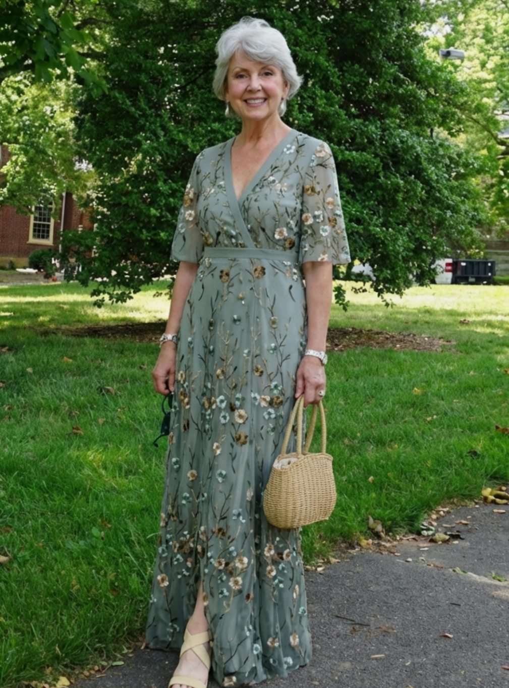 Women's Floral Embroidered V-Neck Elbow-Sleeve Maxi Dress