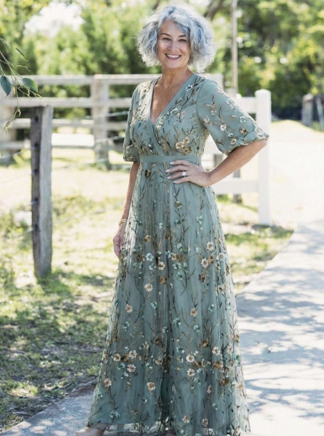 Women's Floral Embroidered V-Neck Elbow-Sleeve Maxi Dress
