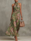 Women's Floral Halter Neck Chiffon Midi Dress - Green Floral Print