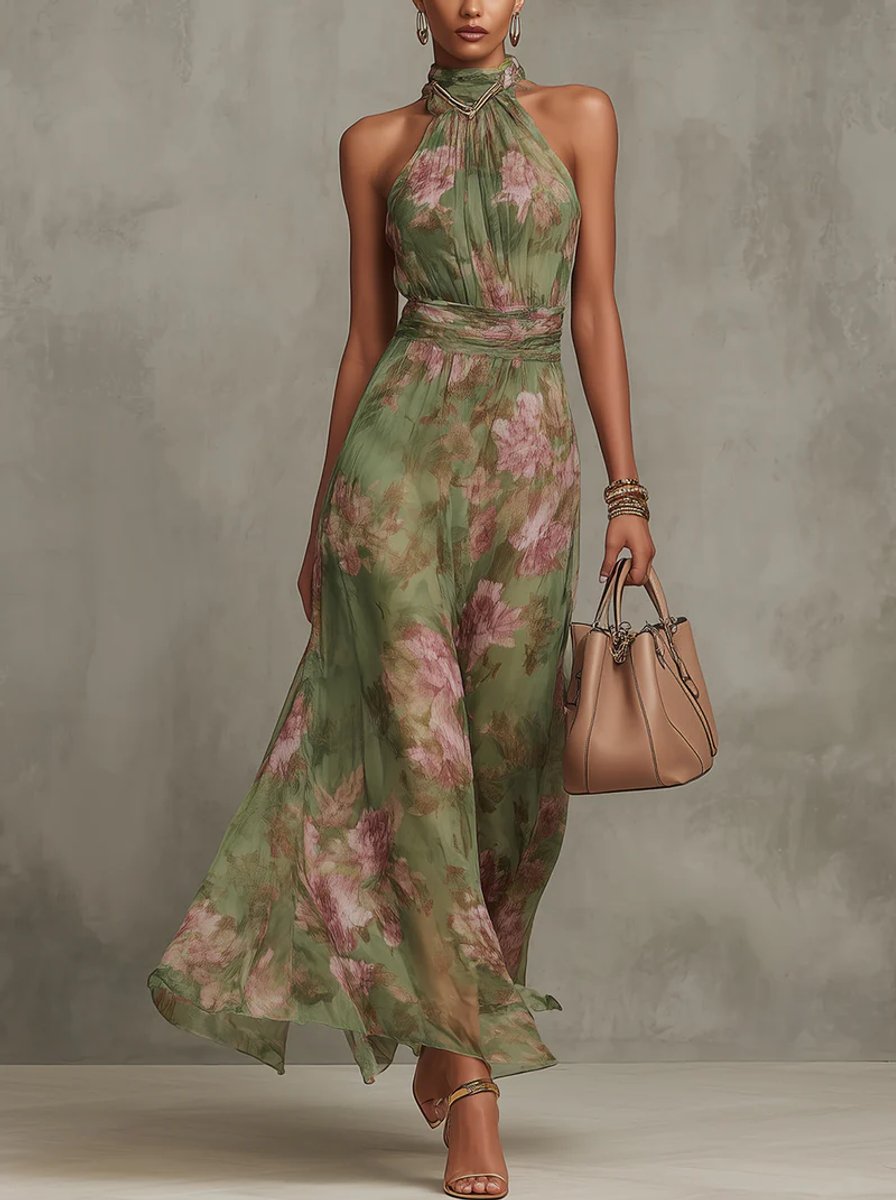 Women's Floral Halter Neck Chiffon Midi Dress - Green Floral Print