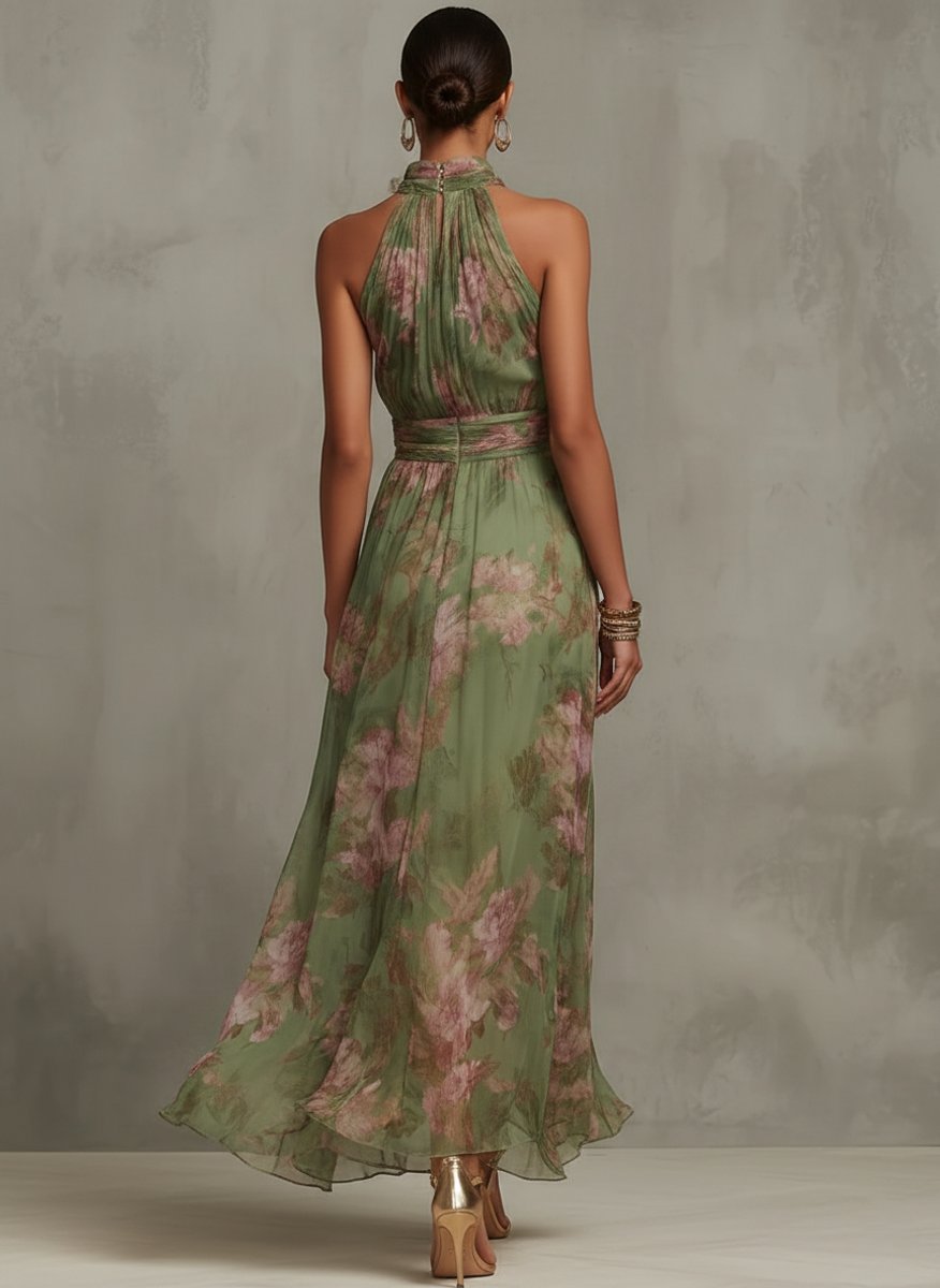 Women's Floral Halter Neck Chiffon Midi Dress