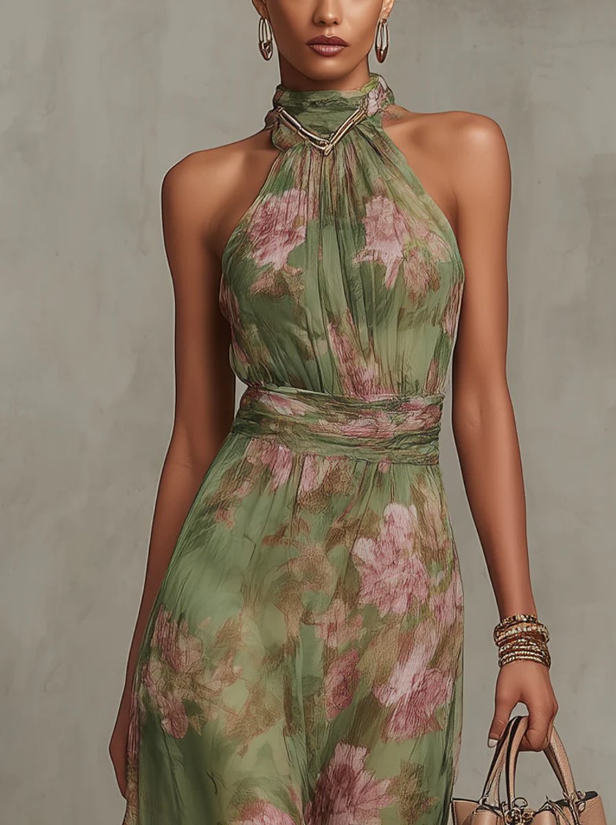 Women's Floral Halter Neck Chiffon Midi Dress