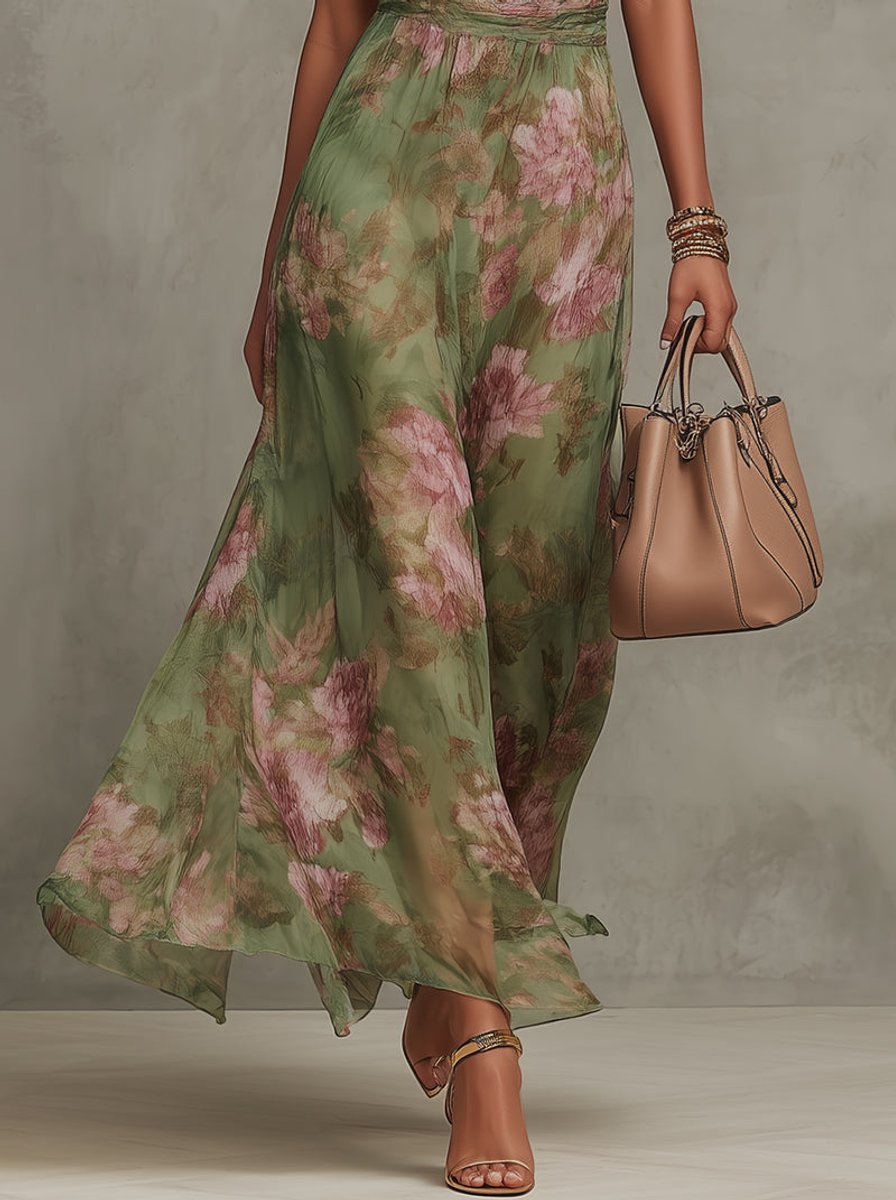 Women's Floral Halter Neck Chiffon Midi Dress