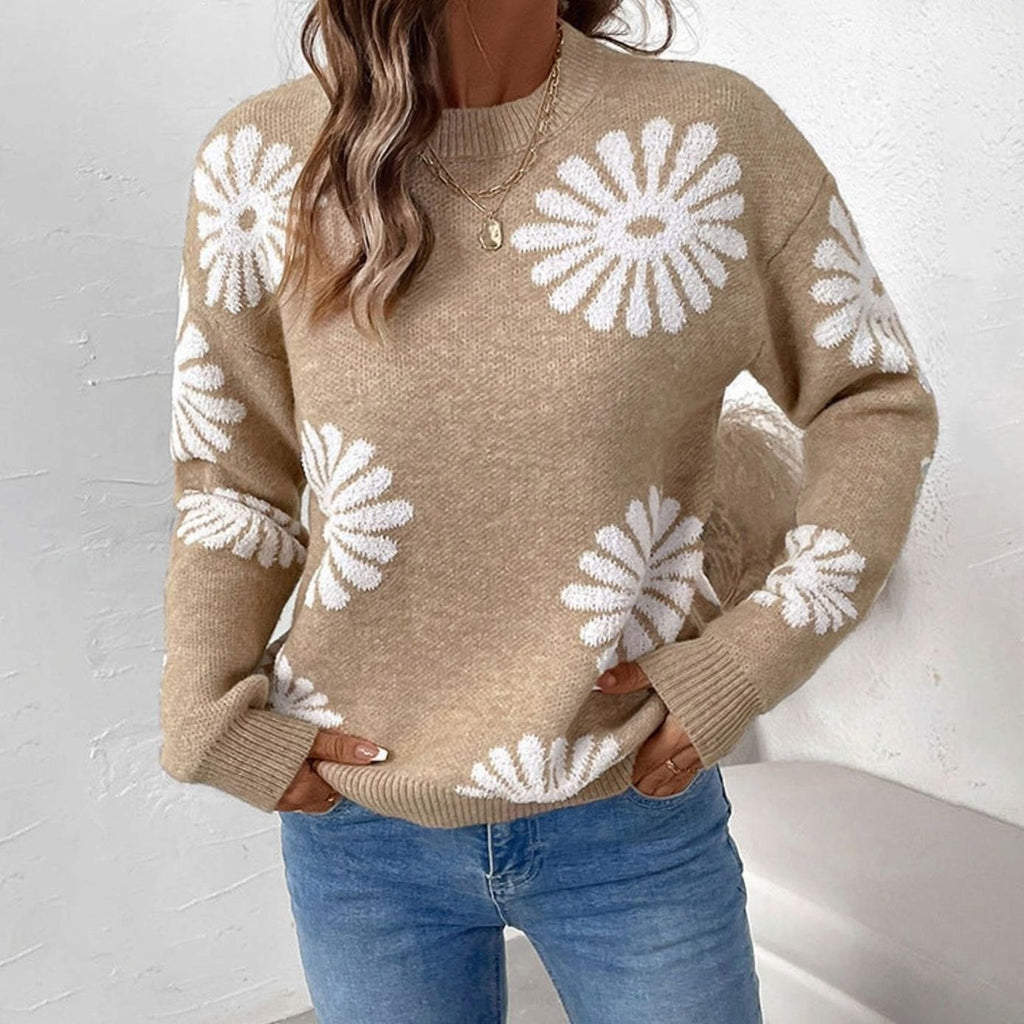Women's Floral Intarsia Knit Relaxed-Fit Crewneck Sweater - Khaki
