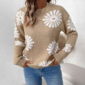 Women's Floral Intarsia Knit Relaxed-Fit Crewneck Sweater - Khaki