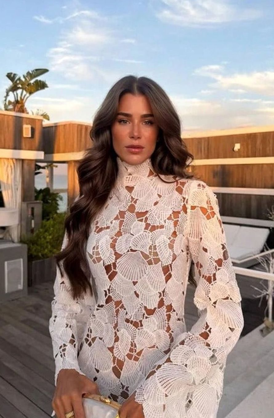 Women's Floral Lace High-Neck Long-Sleeve Cocktail Dress