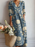 Women's Floral Long Sleeve Dress V-Neck Relaxed Maxi - Blue