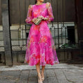 Women's Floral Long-Sleeve Midi A-Line Wedding Guest Dress - Pink