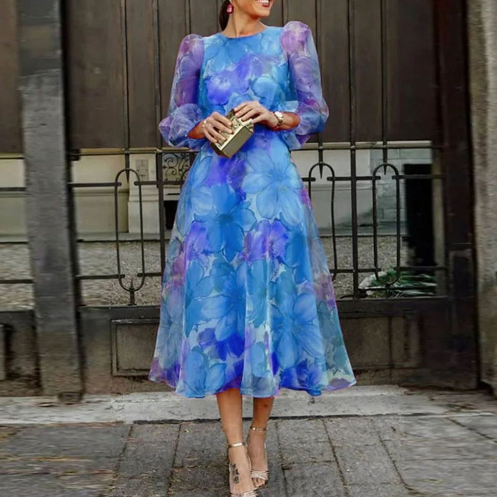 Women's Floral Long-Sleeve Midi A-Line Wedding Guest Dress - Blue