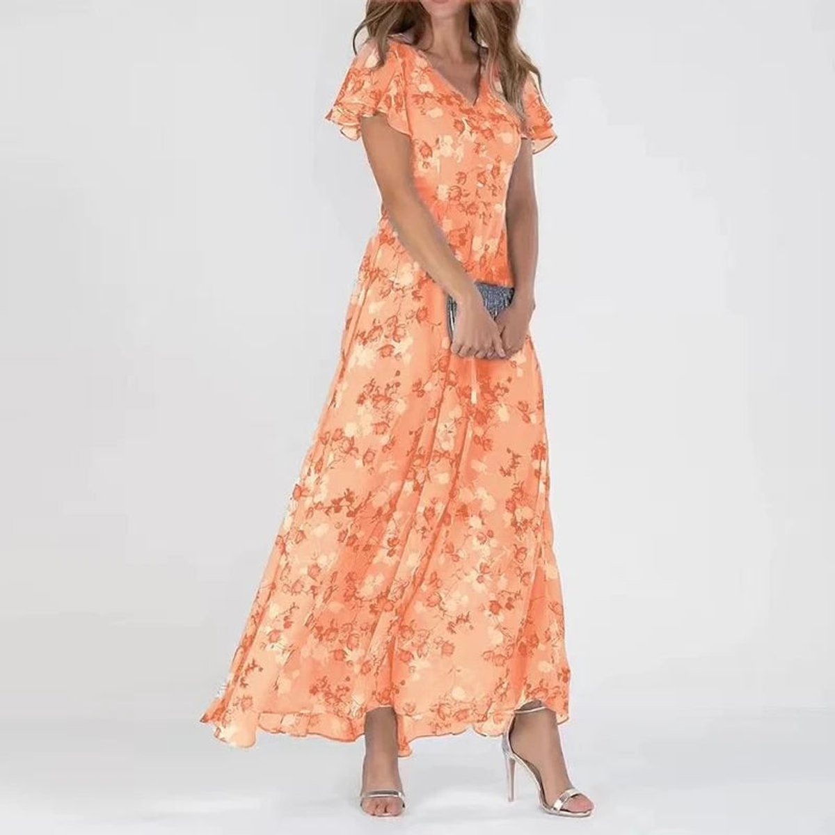 Women's Floral Maxi Cocktail Party Dress V-Neck Flutter Sleeve - Orange (Almost Sold Out)