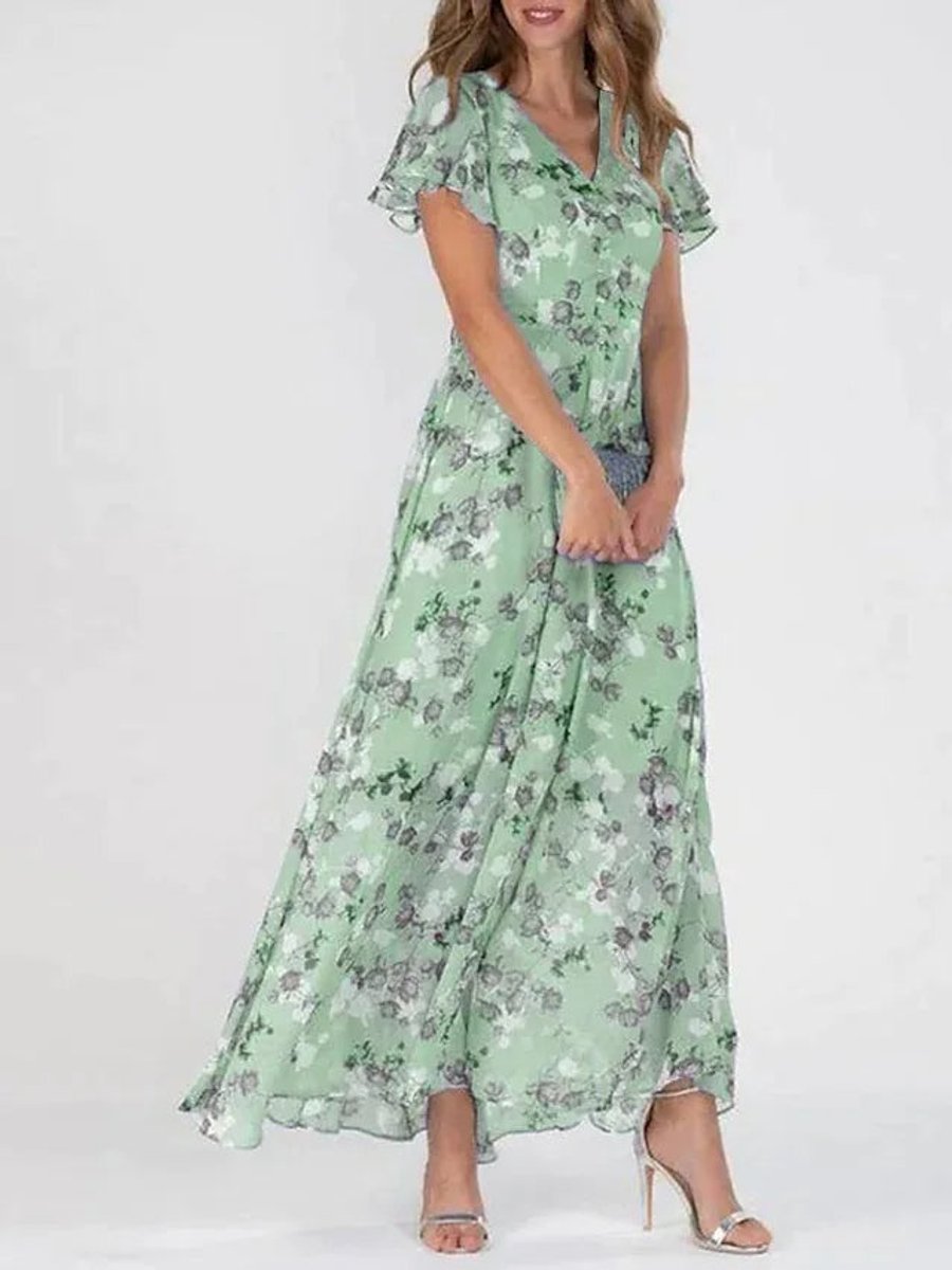 Women's Floral Maxi Cocktail Party Dress V-Neck Flutter Sleeve - Green (Almost Sold Out)