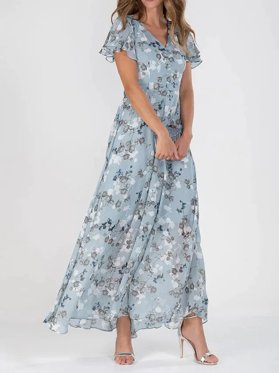 Women's Floral Maxi Cocktail Party Dress V-Neck Flutter Sleeve - Blue