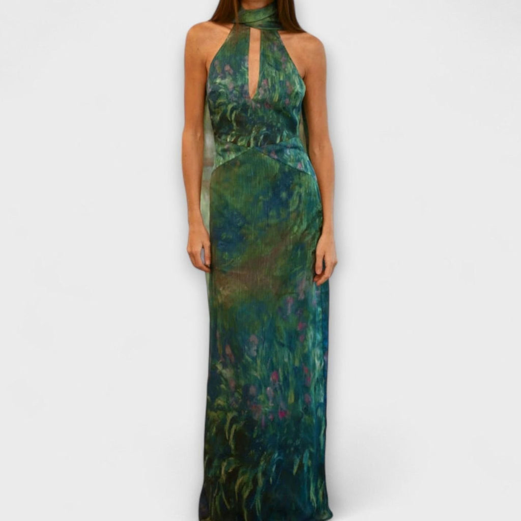 Women's Floral Print Halter Keyhole Maxi Dress