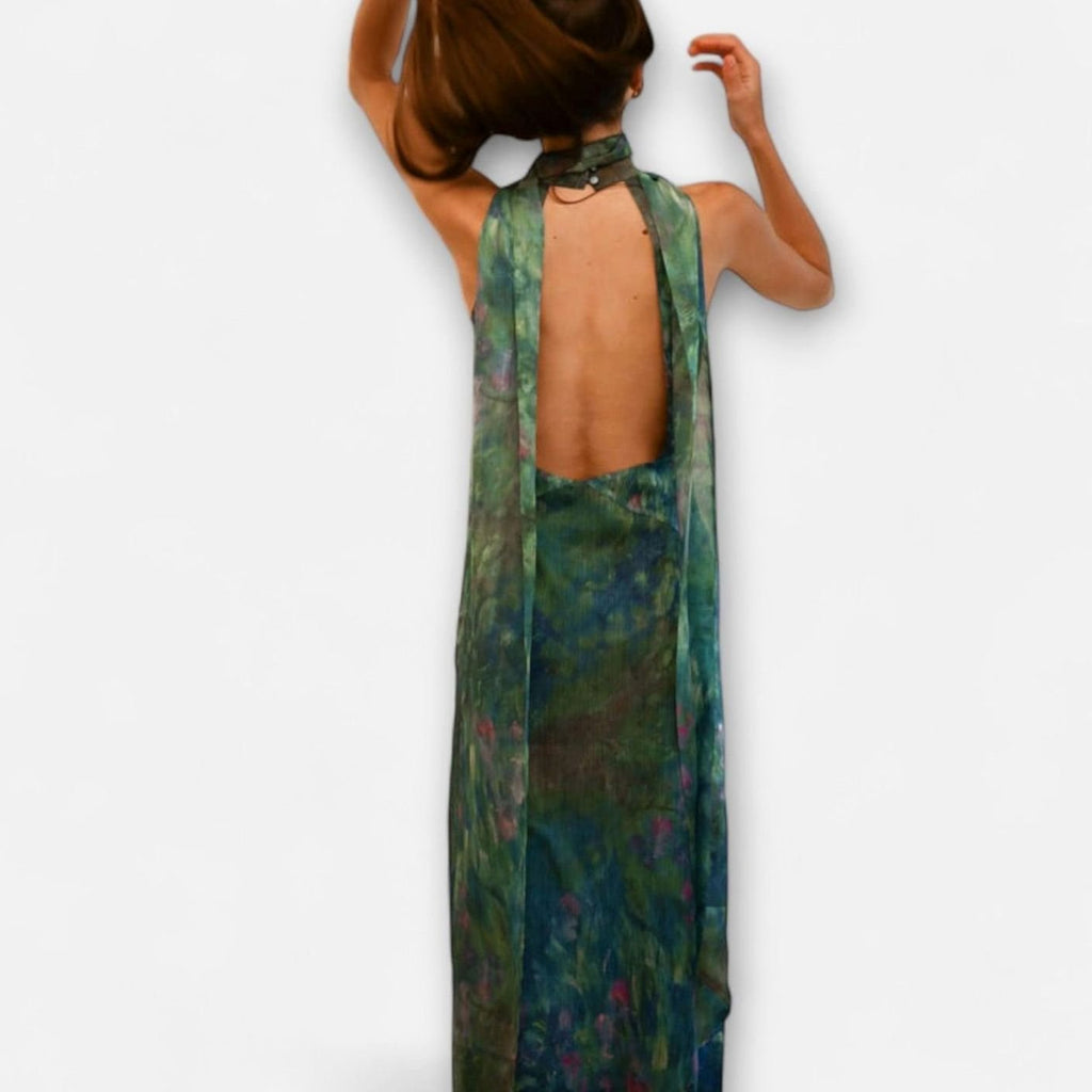 Women's Floral Print Halter Keyhole Maxi Dress