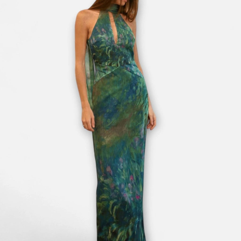 Women's Floral Print Halter Keyhole Maxi Dress