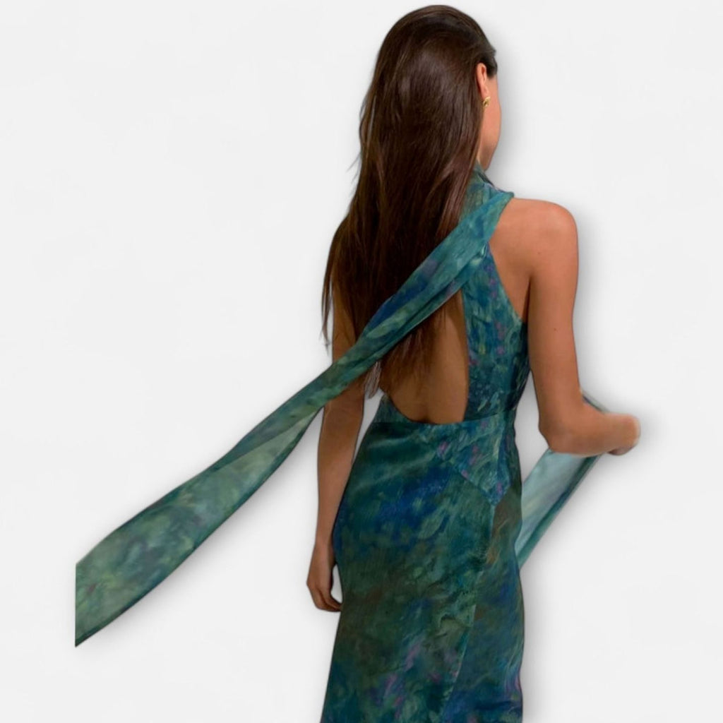 Women's Floral Print Halter Keyhole Maxi Dress