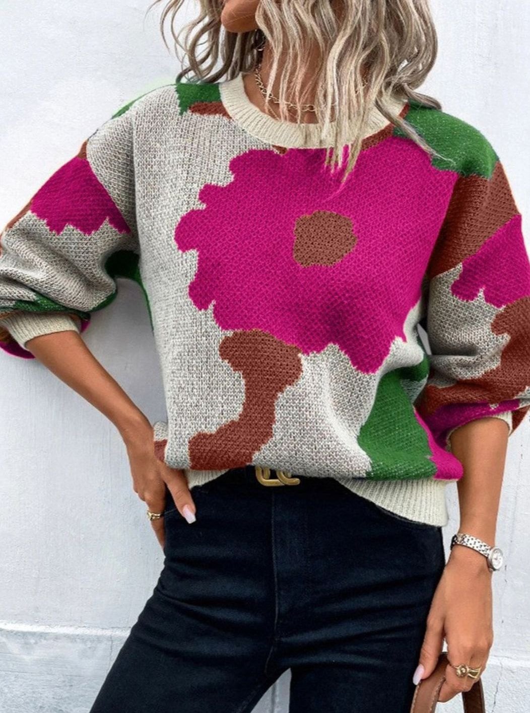 Women's Floral Print Relaxed-Fit Crew Neck Pullover Sweater - Red